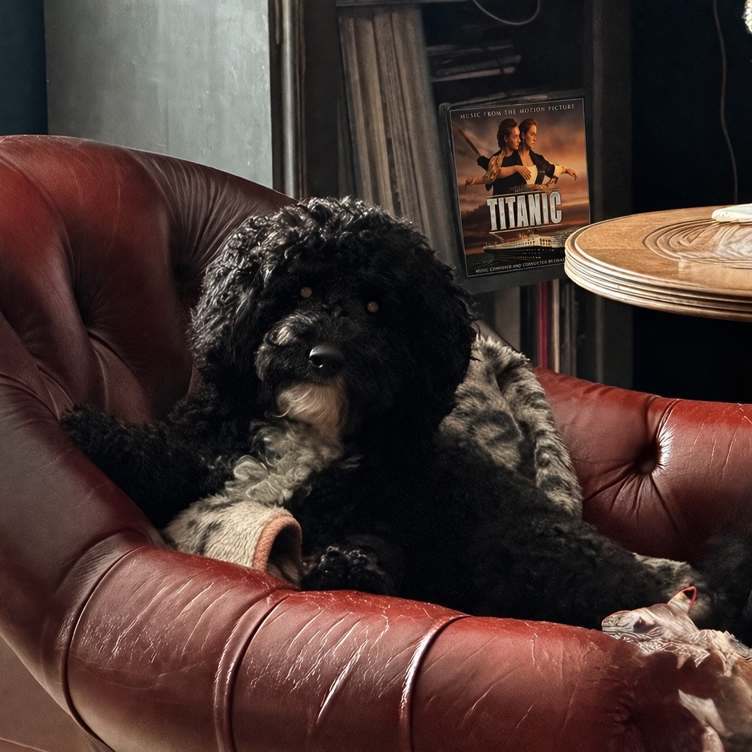 Enzo posing on the Chesterfield chair